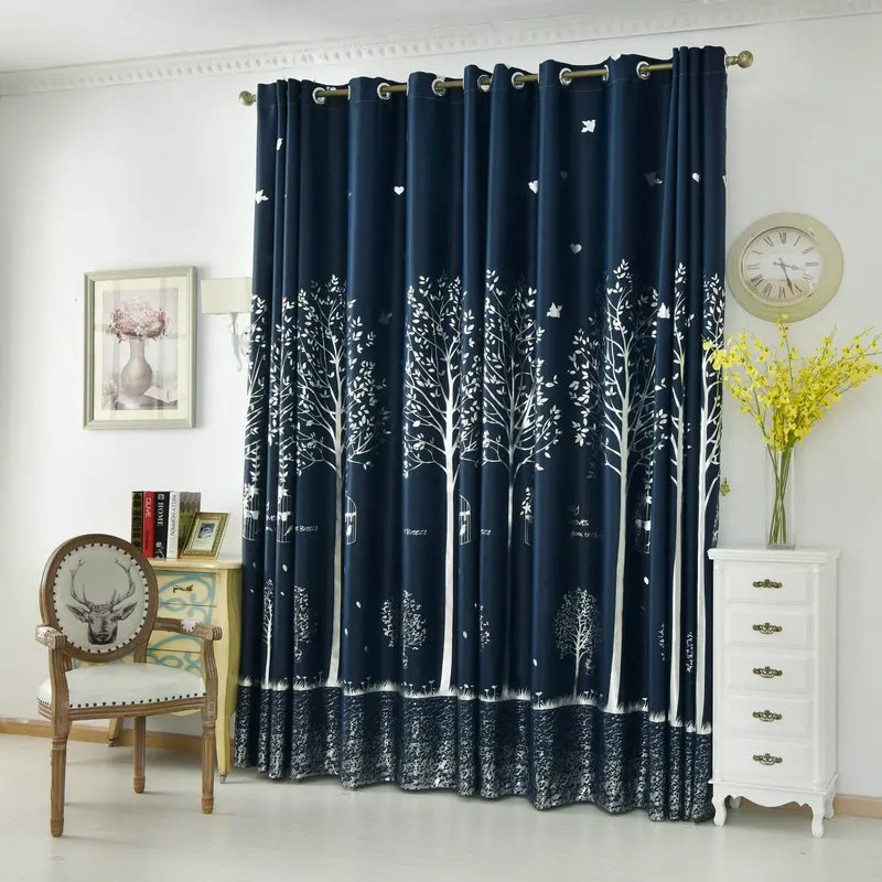 Navy Plant Blackout Curtain For Bedroom Living Room Kitchen Silvery Tree Printed Drape For Kids