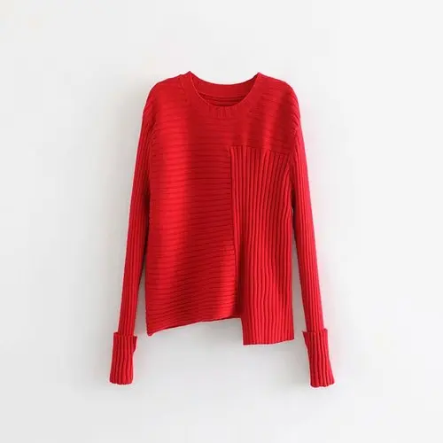 Женский джемпер, зимний свитер, ассиметричный пуловер, Женский Повседневный пуловер с круглым вырезом, женский свитер, ВЯЗАННЫЙ ПУЛОВЕР, черный, красный, серый - Цвет: Красный