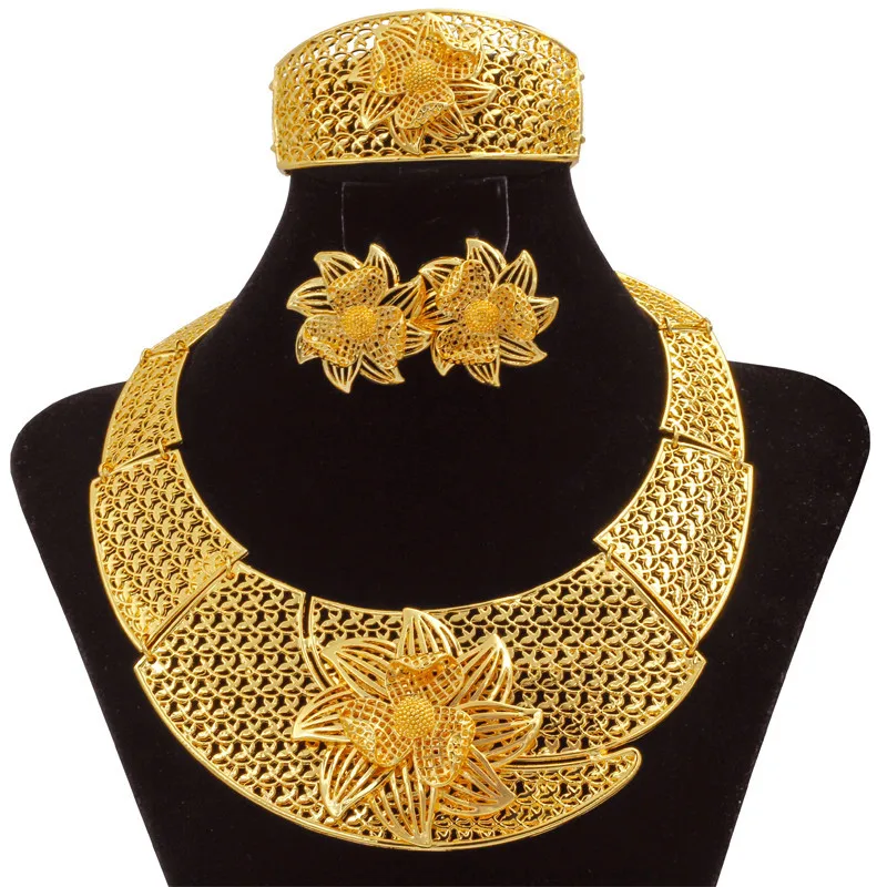 

Liffly Dubai Bridal Wedding Jewelry Sets for Women African Fashion Gold Jewelry Flowers Big Necklace Earrings Bracelet Ring