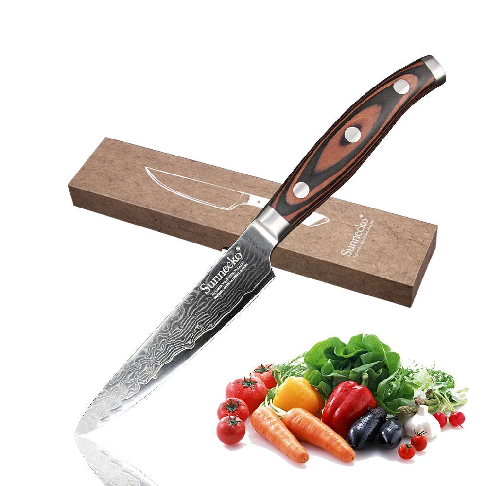 

SUNNECKO 5" Utility Knife Damascus Steel Japanese VG10 Sharp Blade Kitchen Knives Pakka Wood Handle Multipurpose Cutter Knives