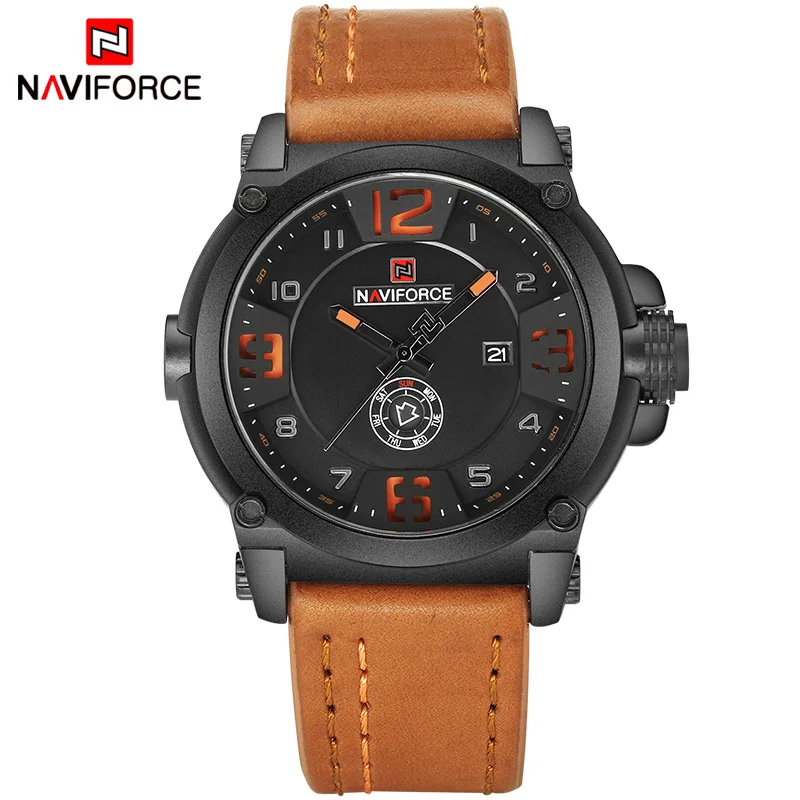 NAVIFORCE 9099 мужские часы Топ бренд класса люкс спортивные кварцевые часы с кожаным ремешком Мужские Водонепроницаемые наручные часы Relogio Masculino - Цвет: black orange