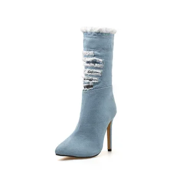 

Spring ladies new pointed personality hollow tassel boots denim stiletto side zipper high heels