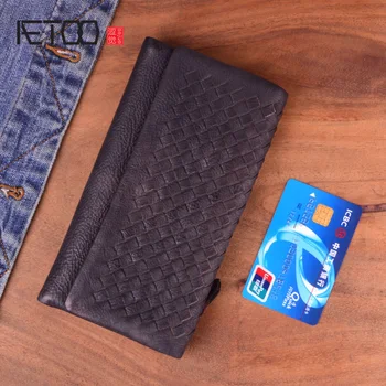 

AETOO Hand-woven zipper wallet male and female head layer tanning leather long wallet, retro woven pattern Multi-card money clip