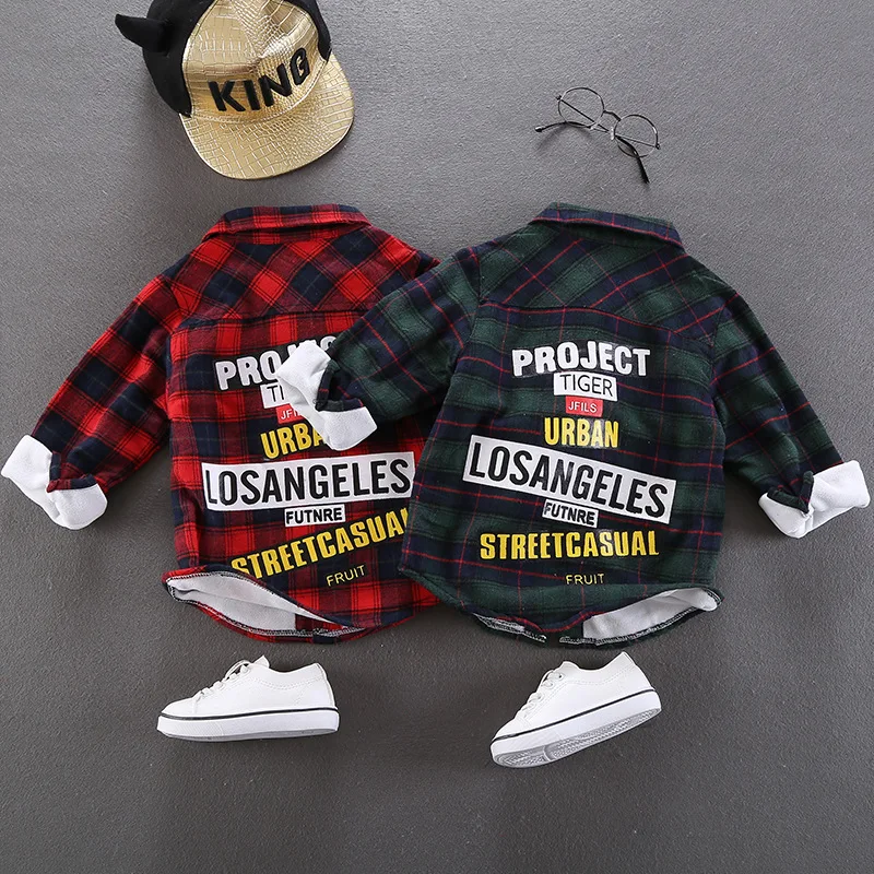 9 Baby Boy Shirts Plaid Party Letters Shirts Girls Blouse Kids Long Sleeve Tops Outwear Cotton Designer Stylish Children Clothing