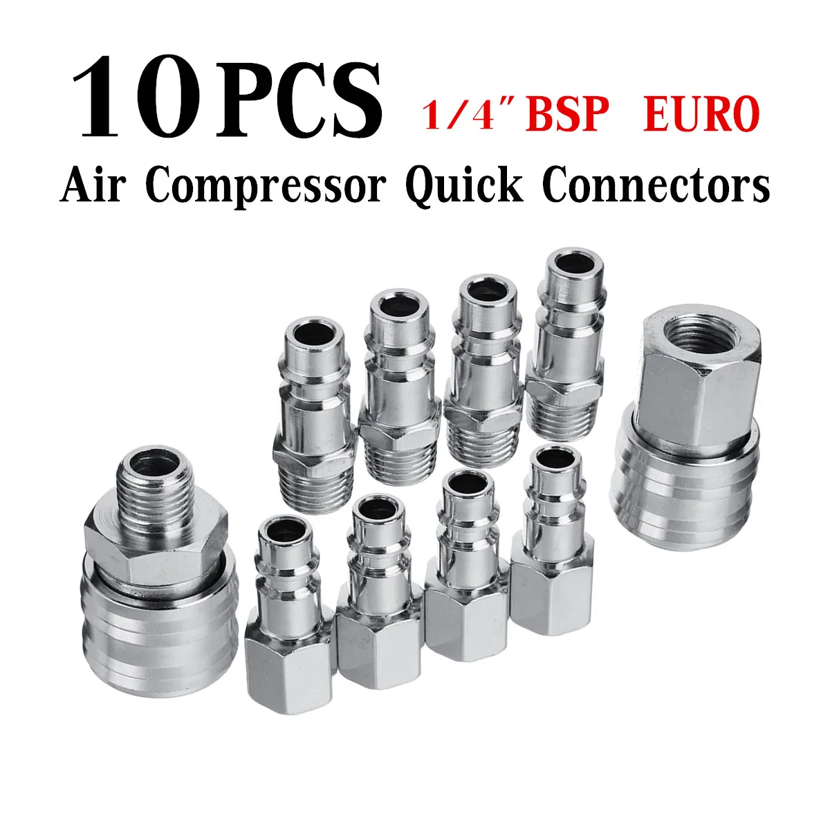 

10x Euro Air Line Hose Compressor Fitting Connectors Quick Release Set 1/4'' BSP Silver Galvanized Iron Corrosion Resistance