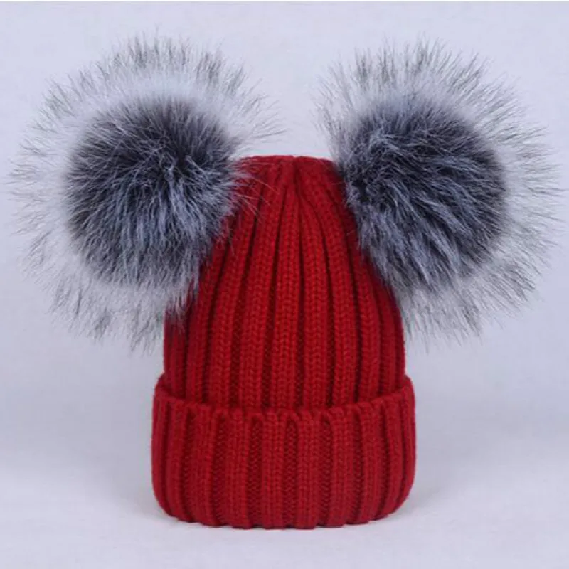 Женская зимняя шапка, двойная, из искусственного меха серебристой лисы, с помпонами, для девочек, шапка, толстая, теплая, для женщин, зимняя, skullies, вязаная шапка с двумя помпонами - Цвет: Бургундия