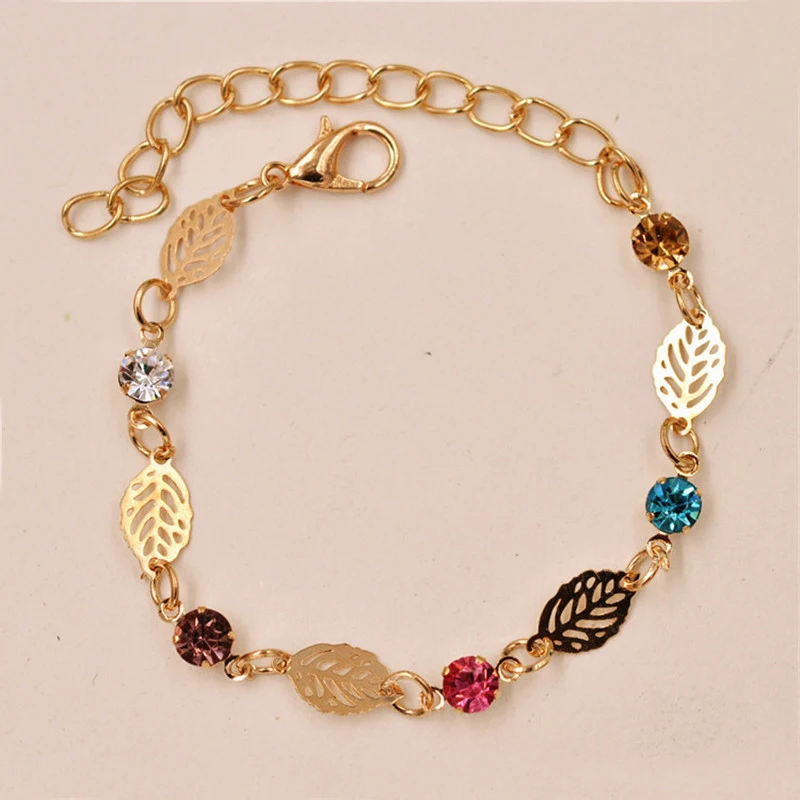 

LNRRABC Fashion Women Bracelets Retro Golden Leaf Chain Rhinestones Crystal Charm Bangle JewelryBracelet Femme Pulseras Mujer