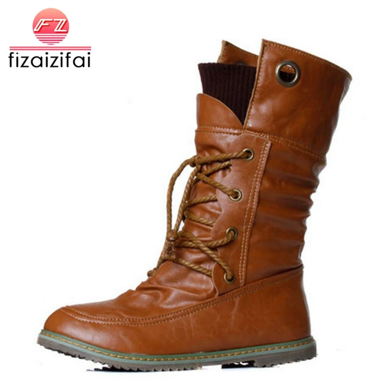 

Big size 34-43 Women Half Knee High Boots Vintage Flats Heels Lace Up Warm Winter Fur Shoes Round Toe Platform Snow Boots