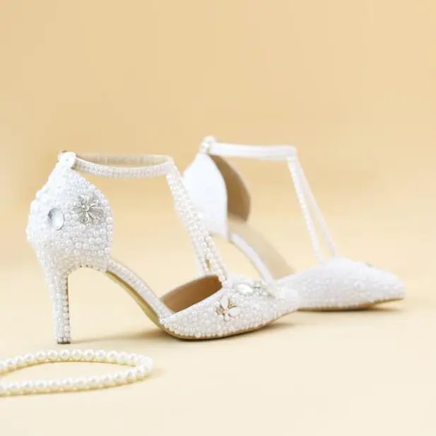 White bride rhinestone shoes pearl wedding shoes bridesmaid wedding dinner high heels pumps font b women