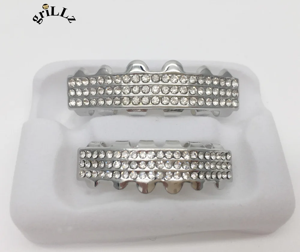 GRILLZ BRANDCUSTOM FIT Хип-хоп ЗУБЫ 3 ряда ICED OUT GRILLZ верхний и нижний гриль