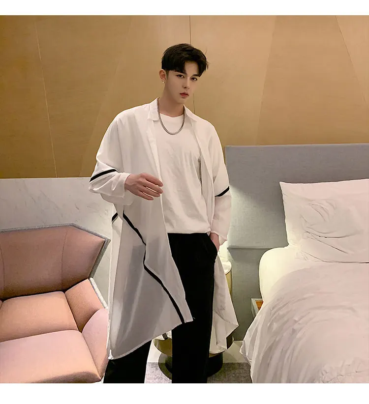 Для мужчин Oversize свободные Летучая мышь с длинным рукавом Повседневное кардиган длинные рубашки мужской уличной хип-хоп белая рубашка