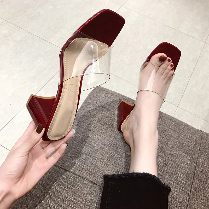 

Slippers Heels Square heel Shoes Slides Med High Sliders Luxury Transparent 2019 Rome Rubber Sexy PU Hoof Shoes Square heel