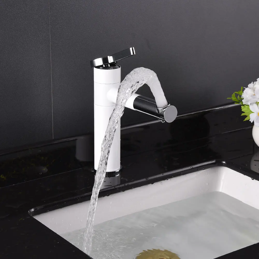 

Basin Mixer Taps 360 Degree Rotate Type Basin Faucet White and Chrome Finish Bathroom Faucets Single Hand Hot Cold Bathroom Taps
