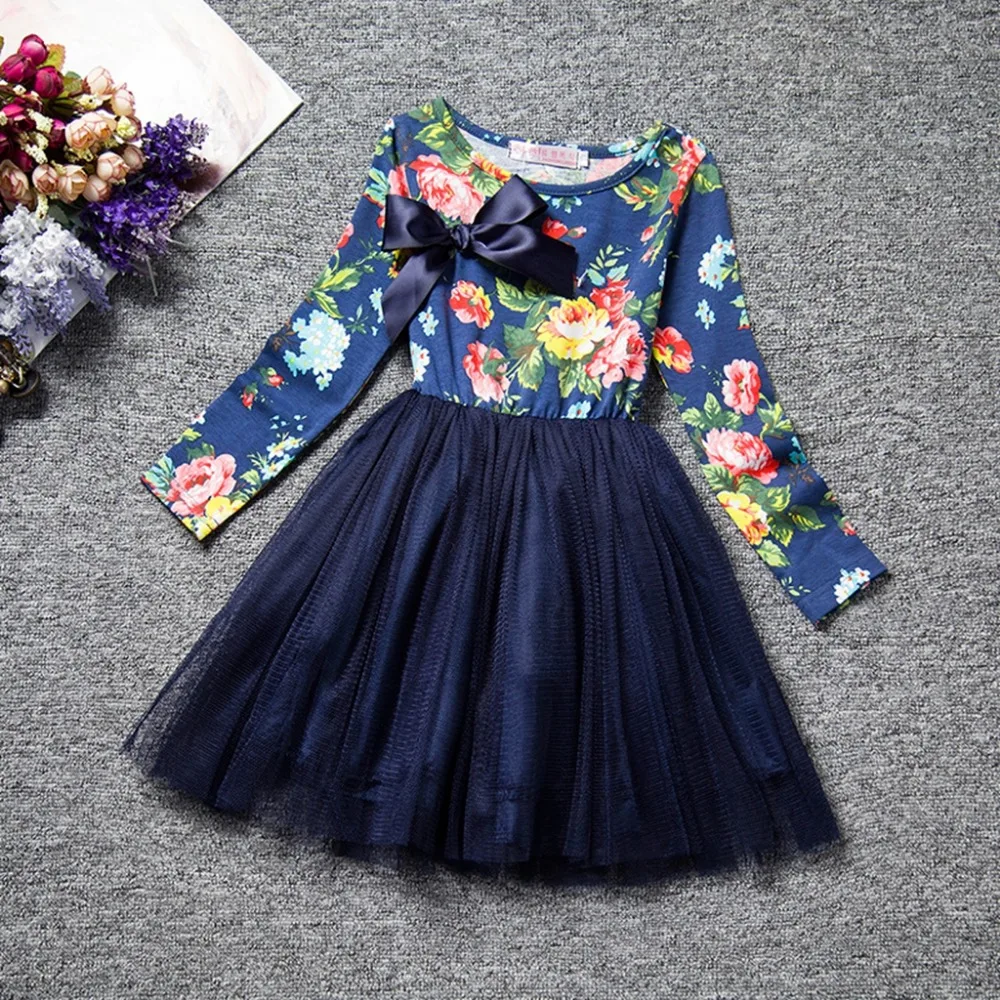 

2 colors girl long sleeve clothes neat round neck cotton girl dress dress fashion bow tie decoration girl evening dress A0229