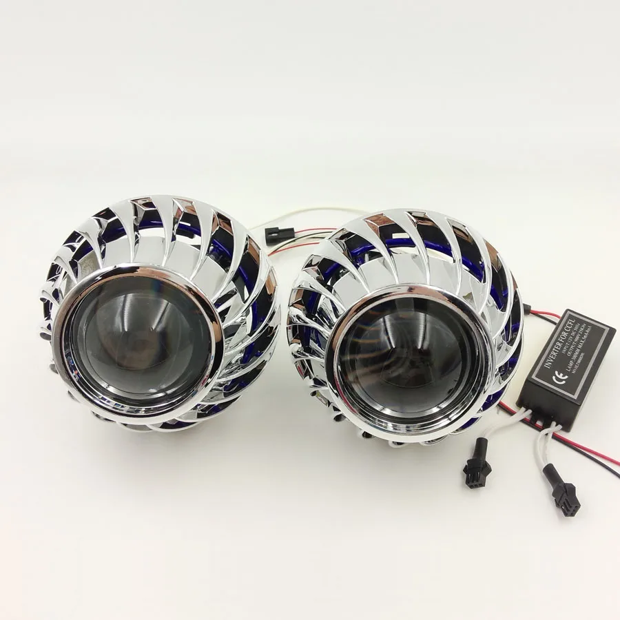 Retrofit 2 5inch Bi xenon HID Projector lens Headlight with Spirals Cover shrouds Rear angel eyes