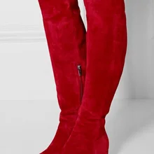 Модные красные замшевые высокие сапоги на блочном каблуке; стильные женские сапоги до колена с круглым массивным каблуком; Новое поступление