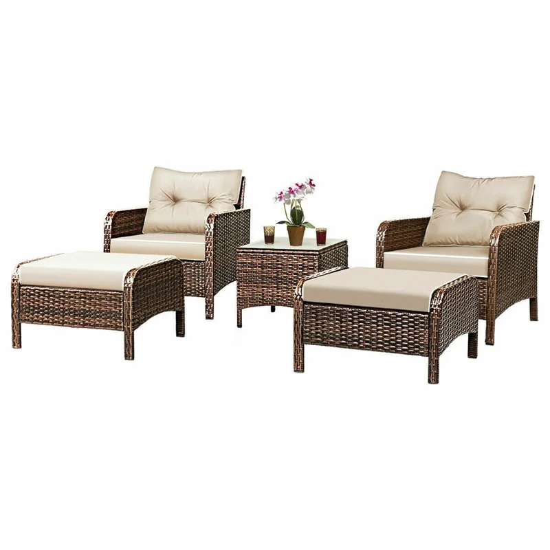 

COSTWAY Outdoor Garden 5pcs/Set Patio Chairs Table Rattan Sofa Ottoman Furniture Set With Cushions HW54520