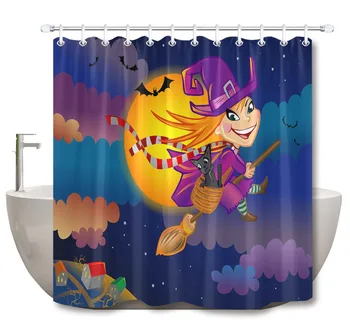 

72'' A Flying Cute Witch On Magic Broom On Halloween Eve Bathroom Waterproof Fabric Shower Curtain 12 Hooks Bath Accessory Sets