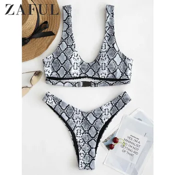 

ZAFUL Bikini Snakeskin High Cut Basic Bikini Set Women Summer Swim Suit Scoop Neck Padded Bathing Suit Padded Swimwear 2019