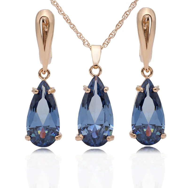 PATAYA New Blue Water Drop Earrings Pendants Necklaces Sets 585 Rose Gold Natural Zircon For Women Fashion Wedding Jewelry Set