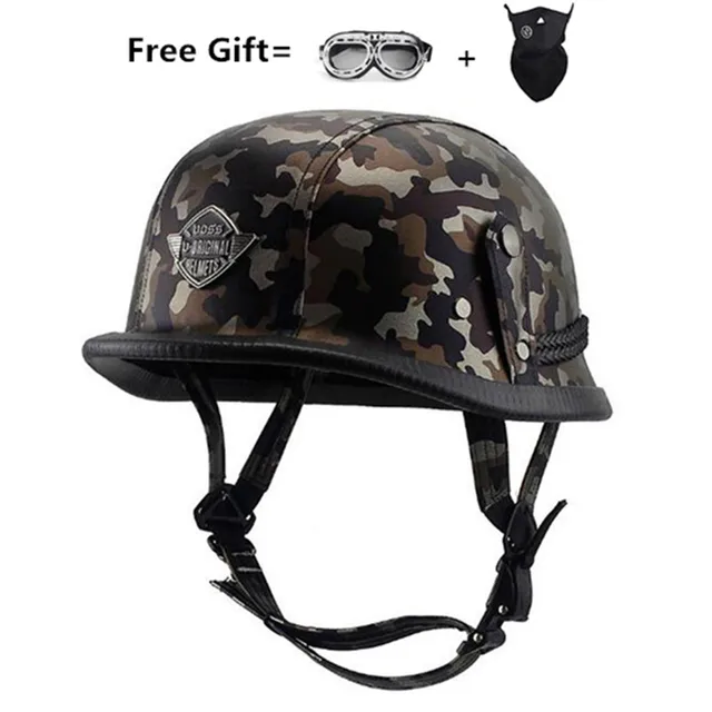 Motorcycle Helmet German Leather Style Pilot Motorcycle Open Face Retro Half Helmet Cruise Chopper Biker Pilot DOT S black camouflage