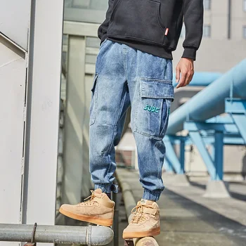 

Fashion Streetwear Men Jeans Loose Fit Retro Blue Big Pocket Denim Cargo Pants Embroidery Slack Bottom Hip Hop Jeans Men Joggers