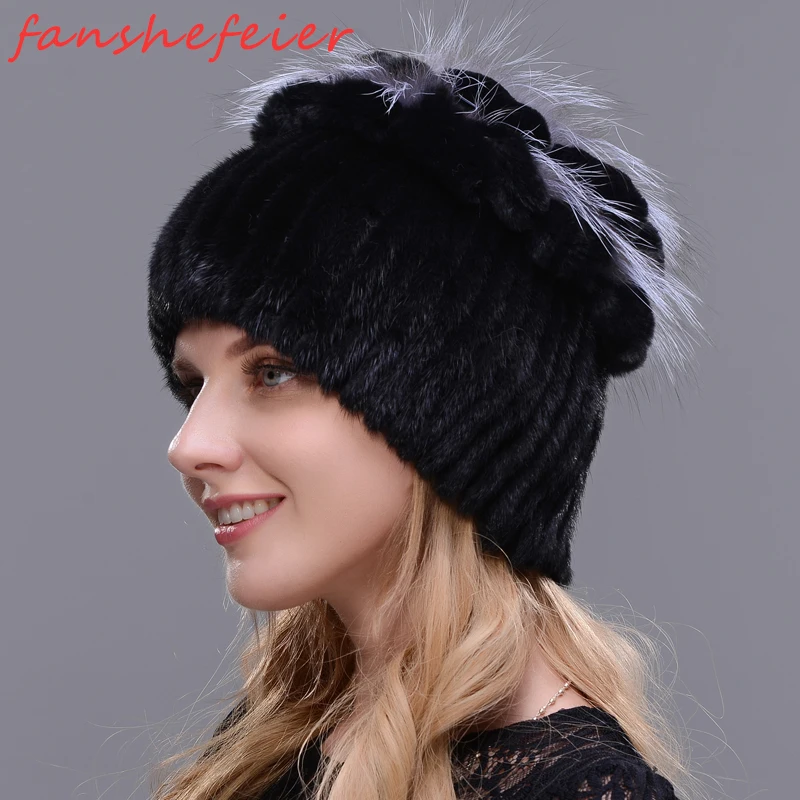 

FANSHEFEIER 2019 new female fur hat woman winter ski cap warm protection ear mink and fox cap hair handmade free shipping