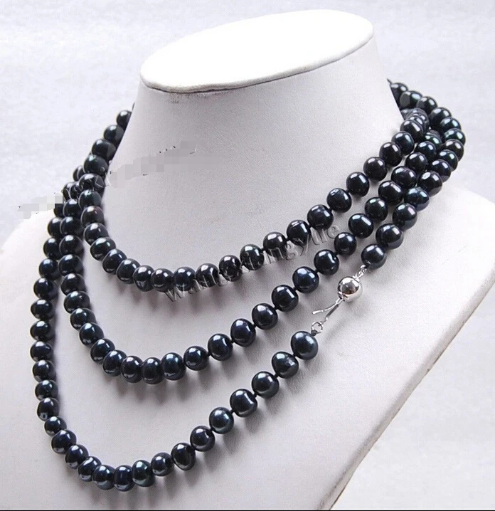 

Free shipping >>>>>>Long 50" 8-9mm Natural Black Akoya Cultured Pearl Fashion Jewelry Necklace