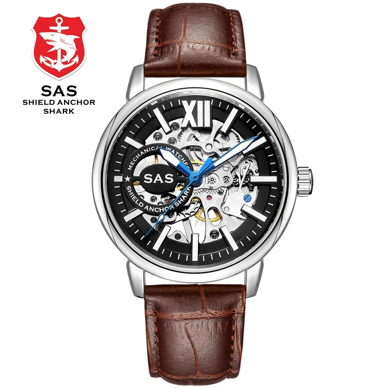 Мужские механические часы SAS, светящиеся стрелки, кожаные часы, мужские скелетные наручные часы, relogio masculino - Цвет: 02