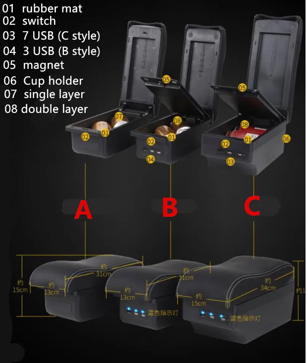 For kia picanto Armrest box central Store content box with cup holder ashtray with USB interface