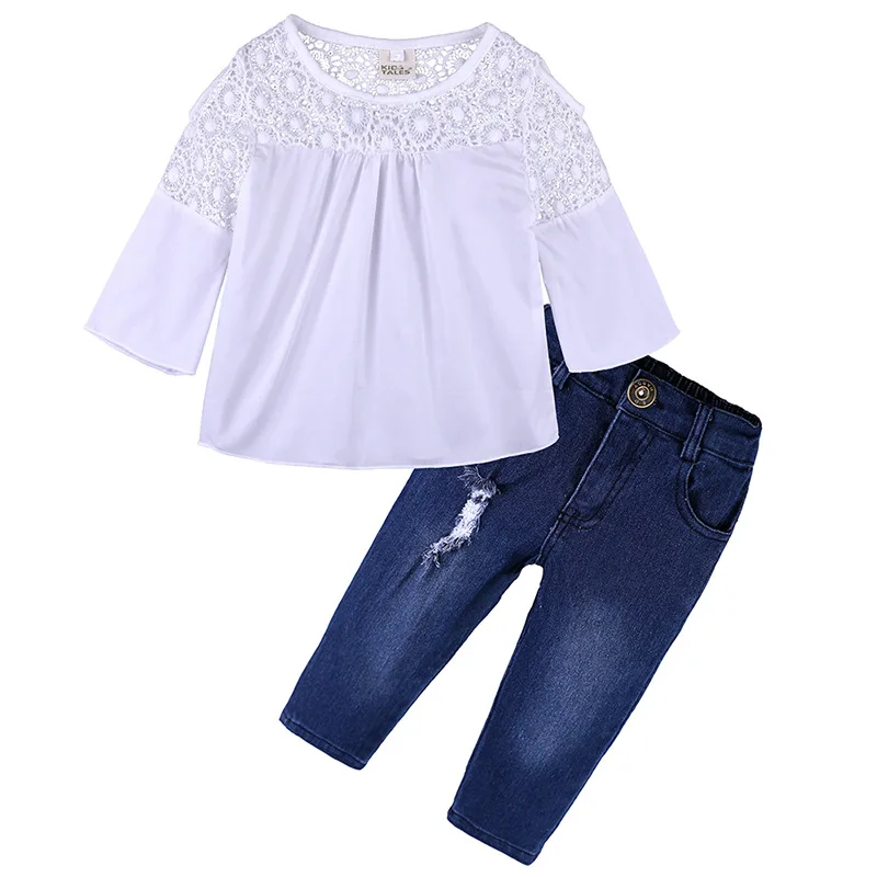 VTOM New Kid Baby Girls 2pcs Clothing Set Long Sleeved T shirts Tunic+ Denim Pants Jeans Outfits Child Clothes|Комплекты одежды| |