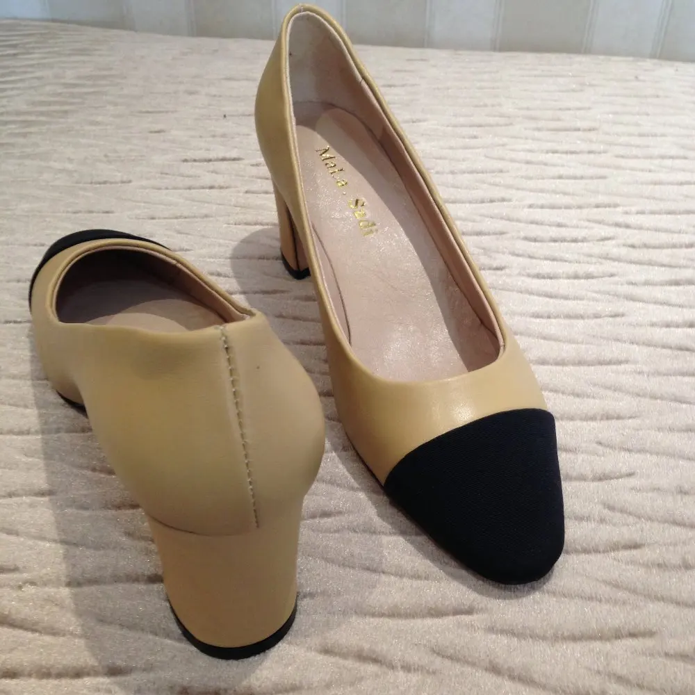 2019 New Women Pumps Black High heels 6.5cm Lady Genuine leather Thick with Autumn Pointed Single Shoes Female Sandals Big 35-40