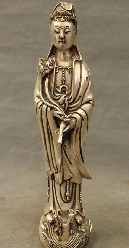 

song voge gem S4266 11" Folk Chinese Silver Dragon Head Stand Kwan-Yin Guan Yin Pot Statue Sculpture