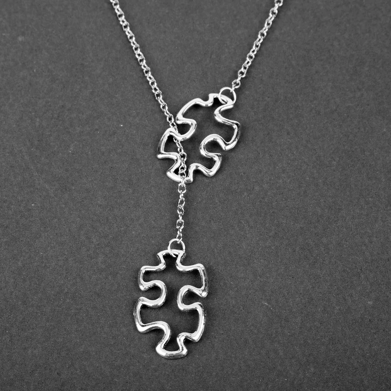 

Fashion Casual Tibetan Silver Autism Jewelry Awareness Jigsaw Double Puzzle Piece Pendant Adjustable Cross Lariat Necklace Gifts