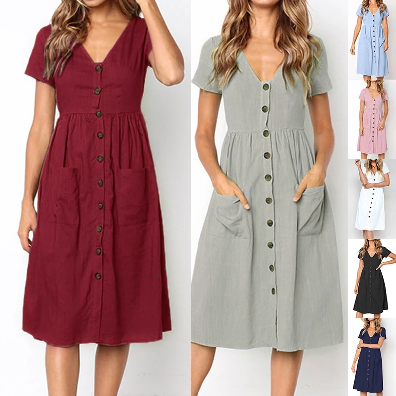 Women's Sexy Summer Dresses 2019 Boho Short Sleeve Button Solid Midi Dress Sundress With Pockets Lady Beach Party Dress Vestidos