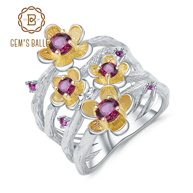 

GEM'S BALLET 925 Sterling Silver Handmade Ring 0.96Ct Natural Rhodolite Garnet Peach Blossom Flower Rings for Women Fine Jewelry