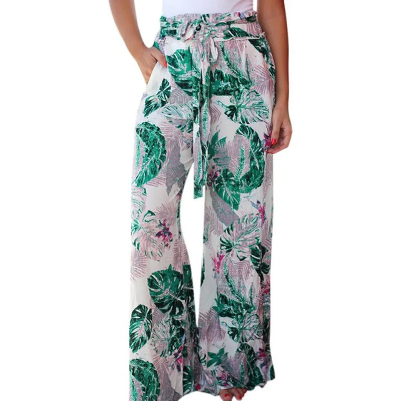 

yashangyi 2019 Women Summer Casual Retro Print Bohemian Wide Leg Pants High Waist Wide Legs Trousers Beach Holiday Bandage Pant