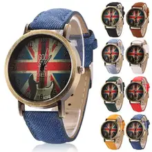 Nuevo reloj de pulsera de cuarzo analógico con estampado de guitarras bandera del Reino Unido banda de tela vaquera de bronce Vintage Unisex Popular 2018