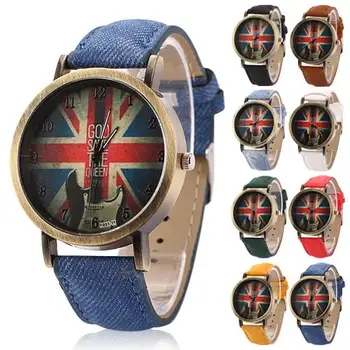 

New Popular 2018 Unisex Vintage Bronze Denim Band UK Flag Guitar Print Analog Quartz Wrist Watch men watch