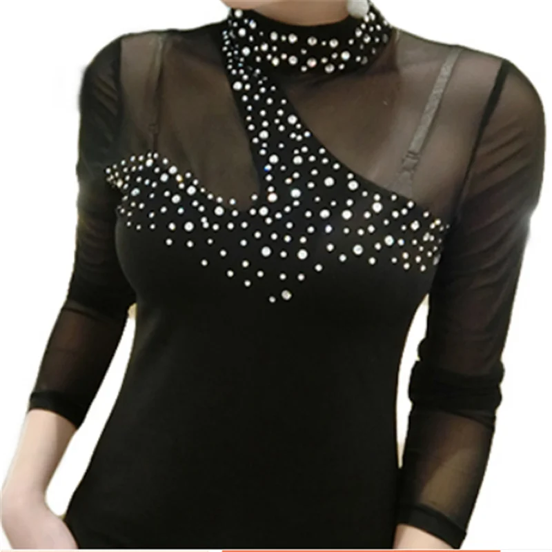 

T-shirts female Rhinestone Sexy Net yarn long sleeve new autumn tops XXL women's diamond tshirt woman tees poleras mujer t shirt