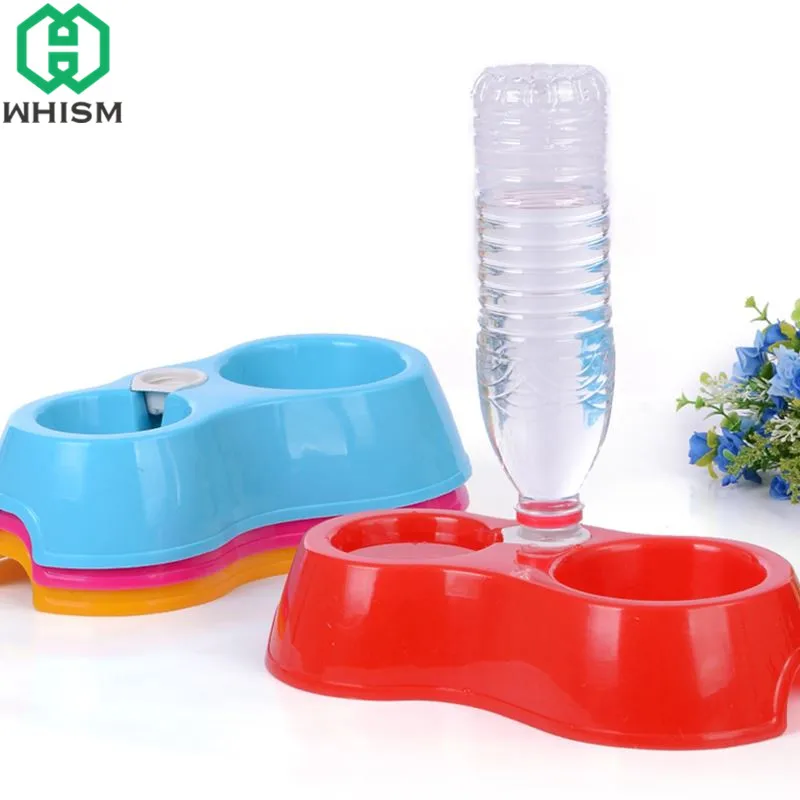 WHISM Plastic Dual Dogs Bowl Automatic Water Bottles Dogs Cat Bowl Pet