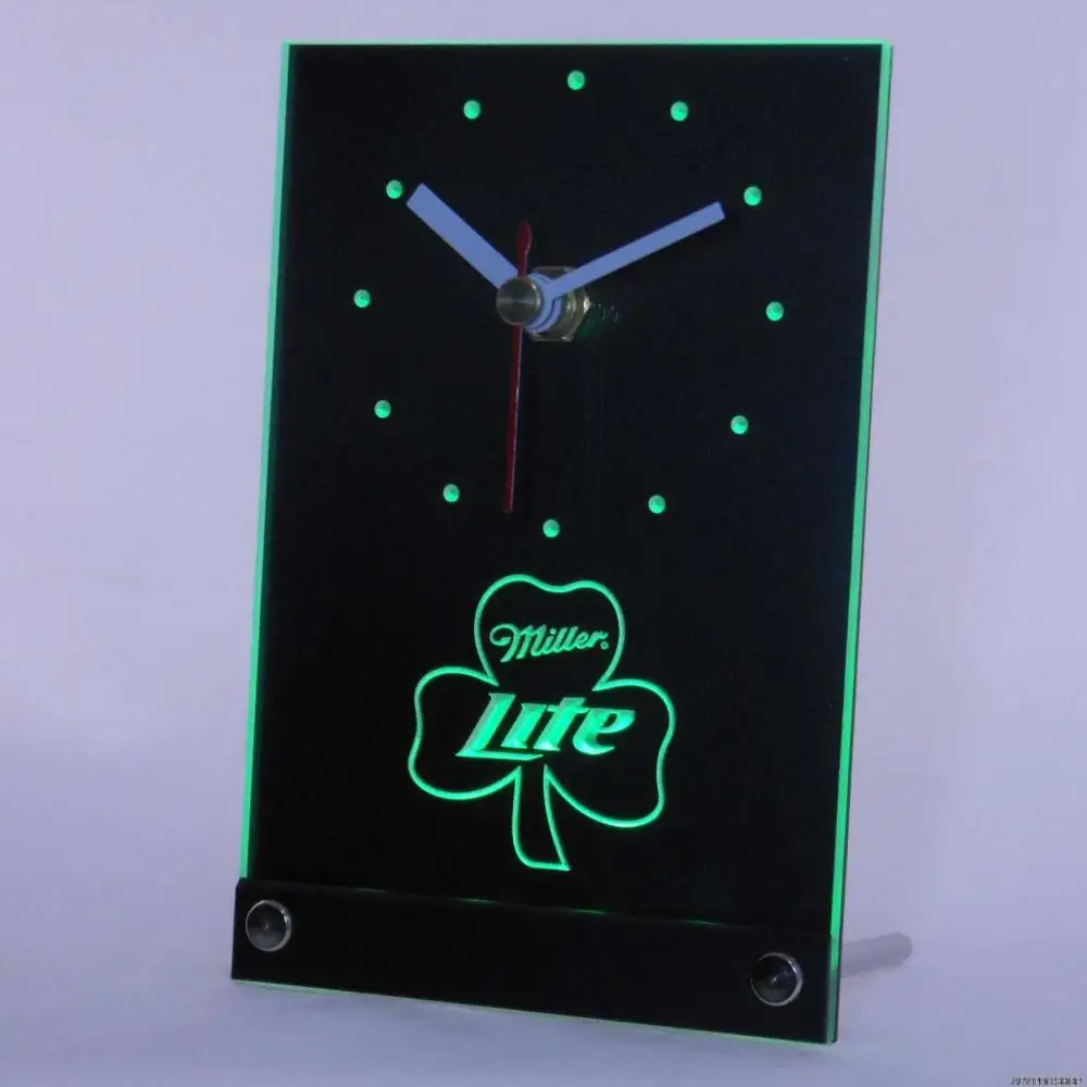 tnc0006 Miller Lite Shamrock Beer Bar Table Desk 3D LED Clockin Wall