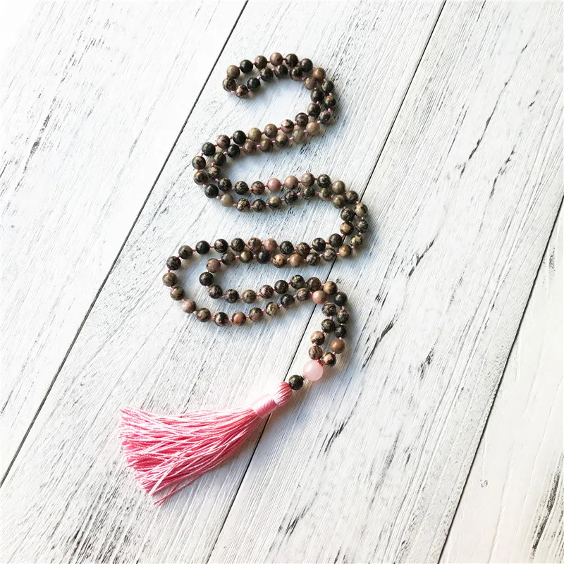 

Prayer Jewelry Hand Knotted Natural Rhodonite 108 Mala Beads Necklace Or Bracelet Pink Tassel Meditation Necklace Yoga Jeweley