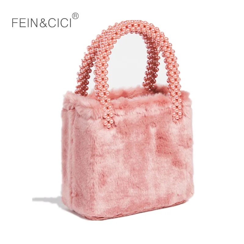 

Fur Bag warm rabbit fur totes handbag Famous Brand beaded pearls handle evening Party Bag women Bags 2018 winter new drop ship