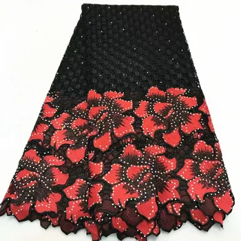 

black and red African Lace Fabric Guipure Cord Lace with stones luxury design embroidery Nigeria Lace Fabric For party