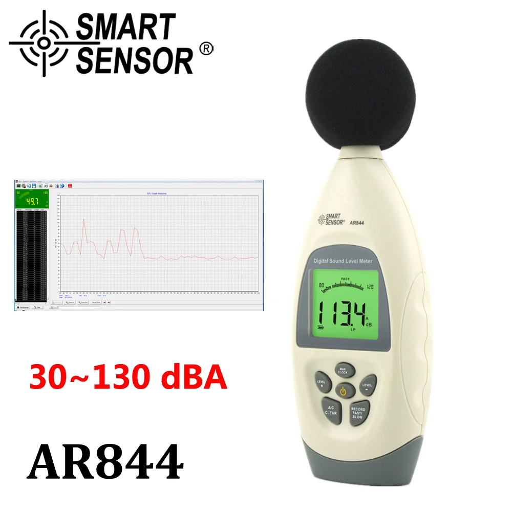 

Digital Sound Level Meter Noise Level Meter Decibel DB Tester with Software & USB Cable 30~130dB 31.5HZ~8.5KHZ SmartSensor AR844