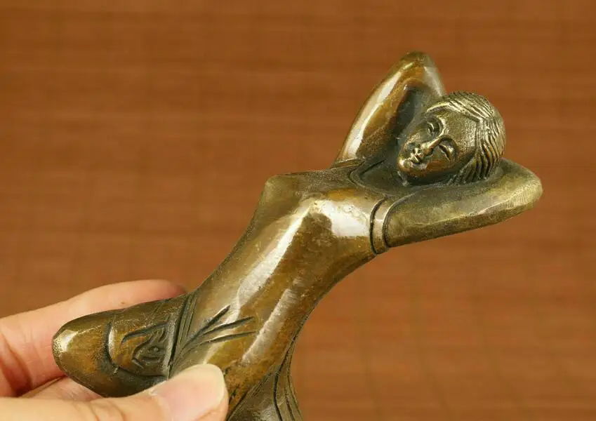 Antique old bronze hand carved belle statue walking stick head noble gift 