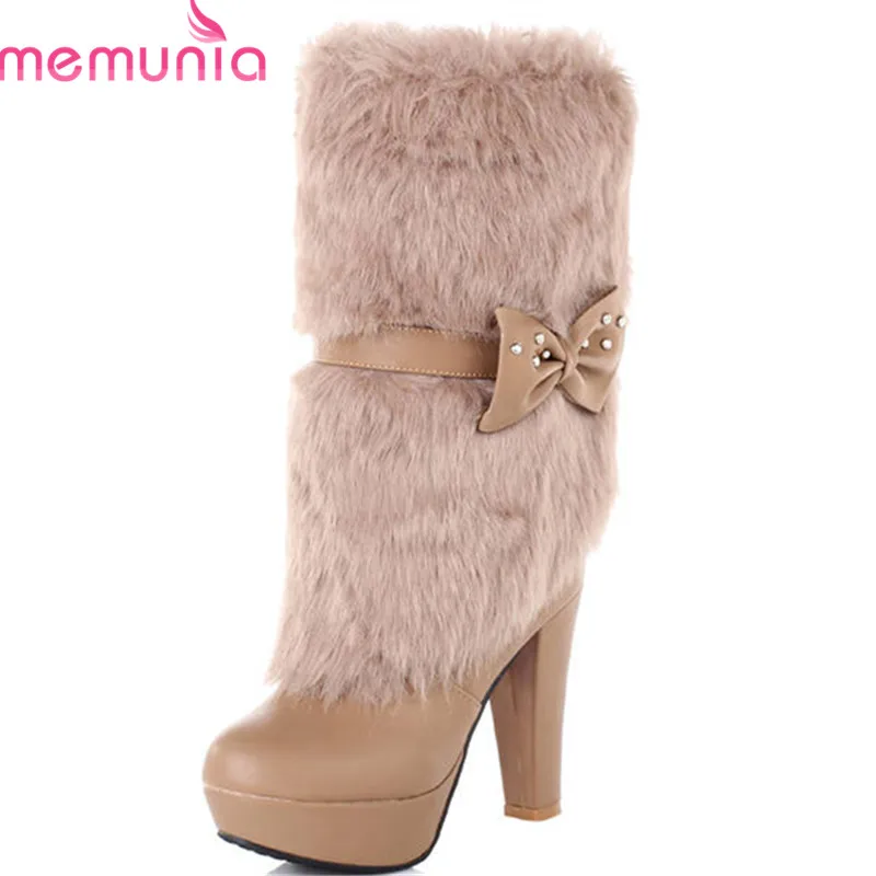 

MEMUNIA 2020 new arrival mid calf boots women round toe platform boots bowknot warm winter boots sexy high heels shoes woman