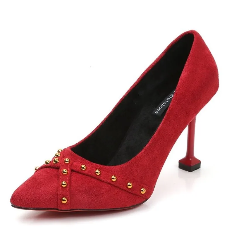 

2018 new low-top shoes women's shoes stiletto pointed high-heeled shoes shallow mouth suede rivet versatile wedding shoes women.