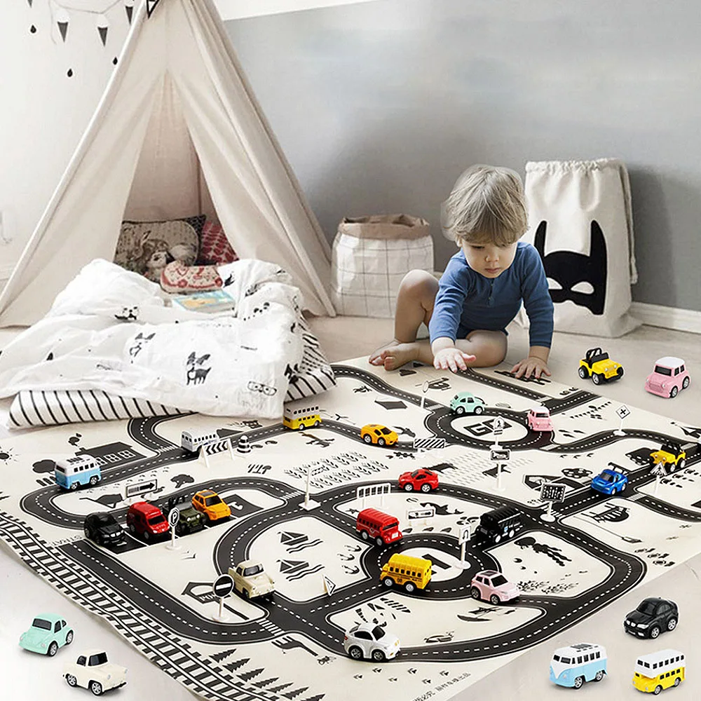 Modern Style 130*100CM Kids Portable Car City Scene Taffic Highway Map Play Mat Educational Toys For Children Games Road Carpet